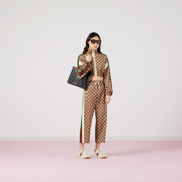 size M Gucci Women GG Cropped Track Pants Tear Away Buttons Web Beige Brown - Picture 2 of 15